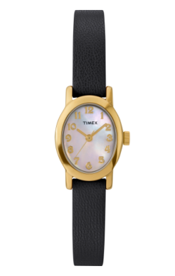 The Timex Cavatina (TW2W826009J) is a women's watch with a gold-tone oval case, white mother-of-pearl dial featuring gold Arabic numerals, and a black leather strap.