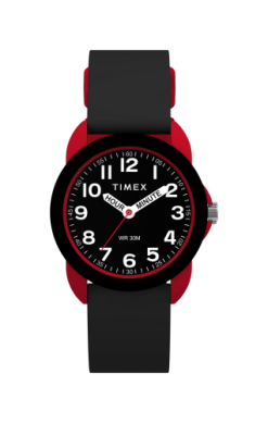 The Timex Watch - Time Teacher - TW2W919009J by Timex features a black and red design with a black strap and round face, white numbers and hands labeled “HOUR” and “MINUTE,” plus a silver crown on the side.