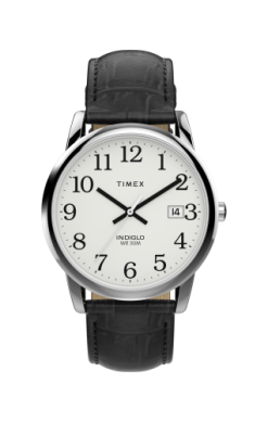 The Timex Easy Reader TW2W954009J features a white dial with black Arabic numerals, date window at 3 o’clock, three-hand analog display, sleek leather strap, and silver case—a classic men’s watch by Timex.