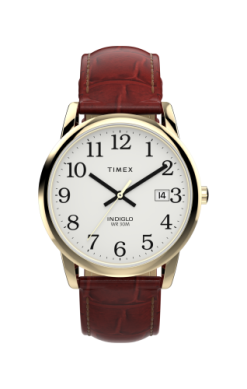 The Timex Easy Reader 2W95500 men's watch features a white dial with black Arabic numerals, gold-tone case, brown leather strap, quartz analog movement, three hands, and a date window at 3 o'clock.