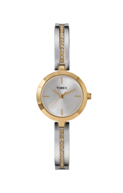 The Timex Watch - Main Street Bracelet (TW2W962009J) for women features a round silver face, gold bezel, gold-accented bracelet with crystals, and slender hands for an elegant look.