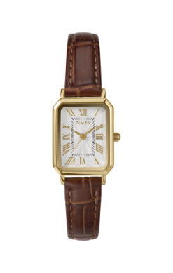 The Timex Watch - Vivienne (TW2Y00900JI) by Timex showcases a gold rectangular case, a brown leather strap, and a white dial with gold Roman numerals and two refined gold hands—offering women an elegant blend of classic style and modern sophistication.