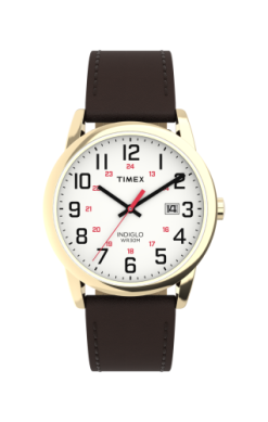 A Timex Watch - Easy Reader (TW2Y12700JT) featuring a gold case, white dial with black numerals, red 24-hour markers, date window, and a brown leather strap by Timex.