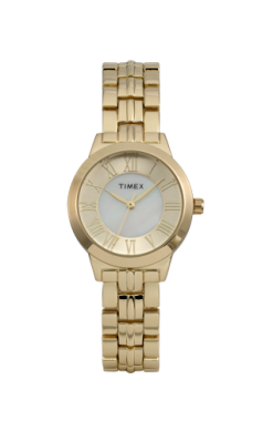 The Timex Watch - Main Street (model TW2Y38600JT) features a gold-tone case, round white dial with gold Roman numerals, and classic metal link band.