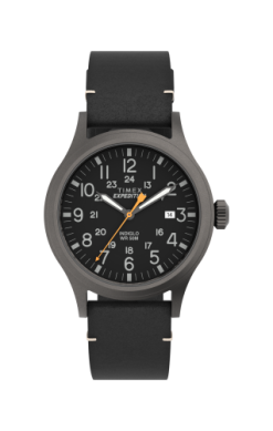 The Timex Expedition Scout (TW4B019009J) is a black Timex watch with a round black dial, white Arabic numerals, date display, orange second hand, silver case, and black leather strap.