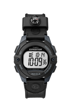 Timex Watch - Expedition - TW4B077009J digital sports watch with a black band, a compass attached to the strap, and a display showing the day, date, and time.