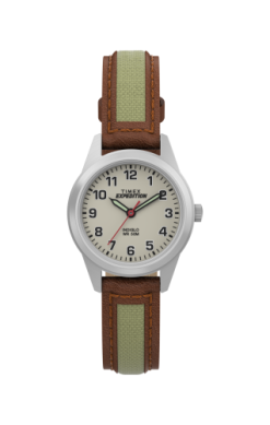 The Timex Expedition Field Mini (TW4B119009J) features a round white dial with black numerals, a silver case, and a brown and green fabric-leather strap, plus black hour/minute hands and a red second hand.