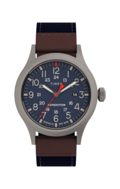 The Timex Expedition Scout (TW4B141009J) features a dark blue dial with white numerals, red second hand, silver case, and a brown and black fabric strap.