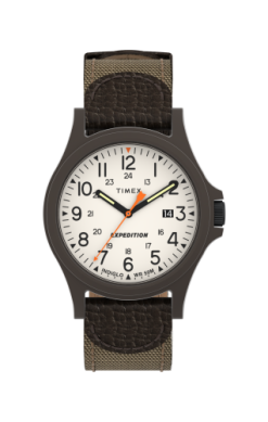 The Timex Watch - Expedition Acadia (TW4B237009J) features a brown and green fabric strap, white dial, bold black numerals, date at 3 o’clock, plus orange accents on the second and hour hands.