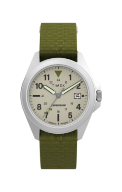 The Timex Expedition Field TW4B325009J is a unisex watch featuring a 36mm silver case, beige dial with black numerals, date display, and an olive green fabric strap. Its hands and markers are luminous for visibility in low light.