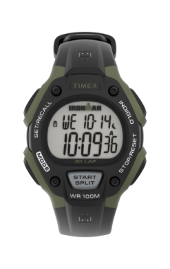 Timex Watch - Ironman - TW5M445009J with a black and olive green case, digital display showing the time and date, and a black strap.