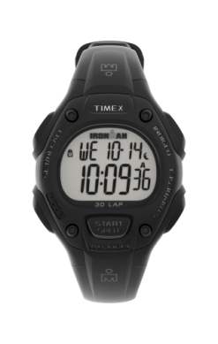 A Timex Ironman C30 digital wristwatch (model TW5M449009J) shows the time 10:09:36 and date Wednesday, October 14 on its display, with visible buttons surrounding the black case.