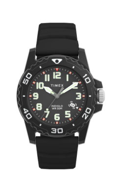 The Timex Watch - Main Street - TW5M61200JT by Timex is a men's diver-style watch with a round face, white numerals, luminous hands, black silicone strap, date display, and a rotating bezel with minute markers.