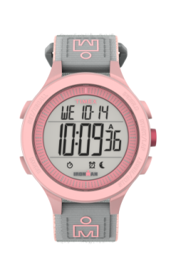 The Timex Ironman T200 (TW5M64200JT) features a pink round case, grey and pink strap, and displays Wednesday, October 14 at 10:09:36 AM—a stylish choice from Timex for any occasion.