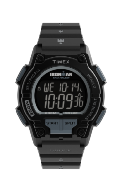 The Timex Ironman Shock Endure (TW5M648009J) is a men's black digital watch showing day, date, and time. Designed for active use, it features Mode, Start, Split, Stop, and Reset buttons and is built to be shock resistant.