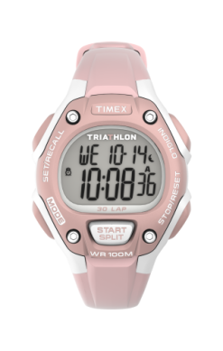 The Timex Triathlon Classic (TW5M67700JT) is a pink and white unisex digital sports watch that displays date WE 10-14, time 10:08:36, and features buttons for Mode, Stop/Reset, Set/Recall, and Start/Split.