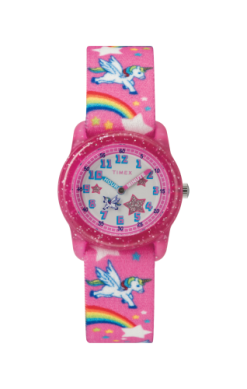 The Timex Watch - Time Machine (TW7C255009J) for children features unicorns, rainbows, blue numbers, and a star detail—making timekeeping feel like a magical adventure.