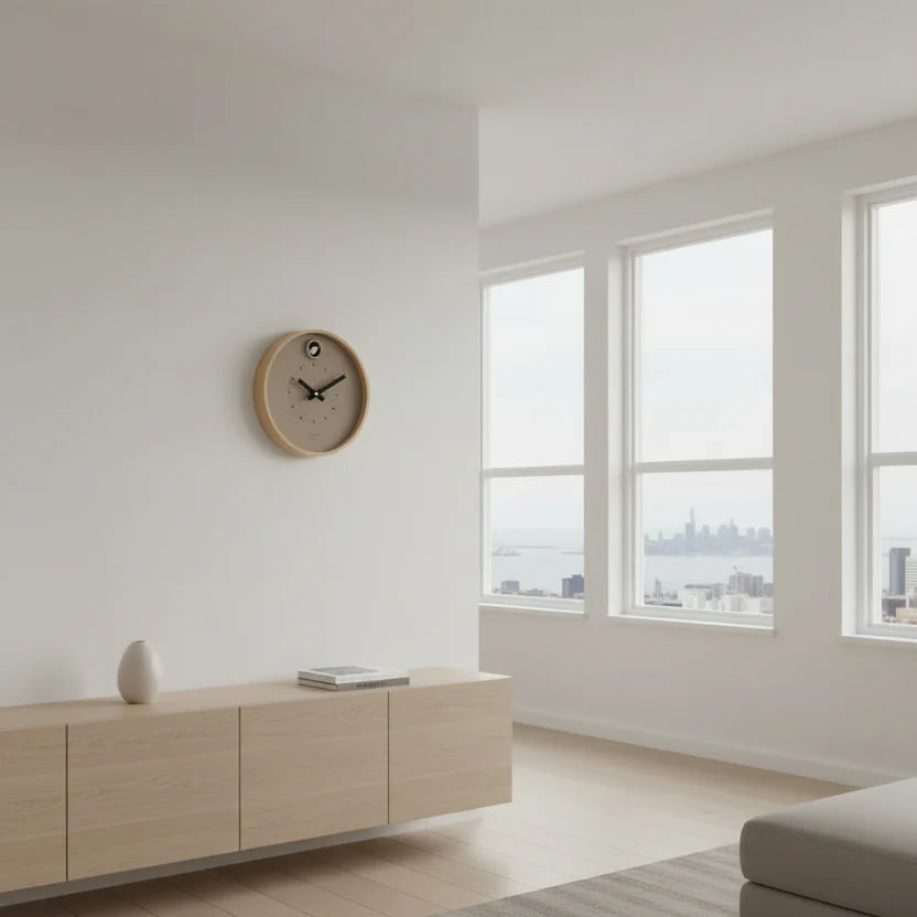 A minimalist living room with light wood furniture, a Cloudnola Cloudnola Clock - Taupe Dot Cuckoo Clock - 0286, a small vase, and large windows overlooking the city skyline and water.