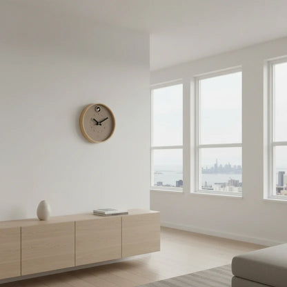 A minimalist living room with light wood furniture, a Cloudnola Cloudnola Clock - Taupe Dot Cuckoo Clock - 0286, a small vase, and large windows overlooking the city skyline and water.
