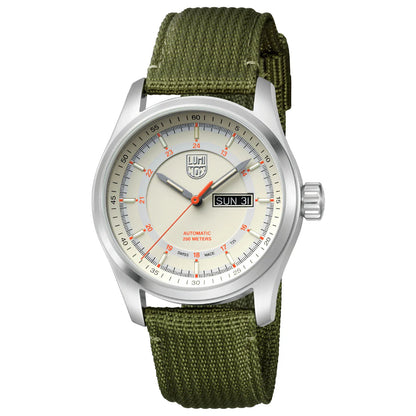 The Luminox Watch - Atacama Field Automatic - XL.1907.NF features a round white dial with black and red markings, green fabric strap, day-date display “SUN 31,” 200m water resistance, and Swiss automatic movement for stylish durability.