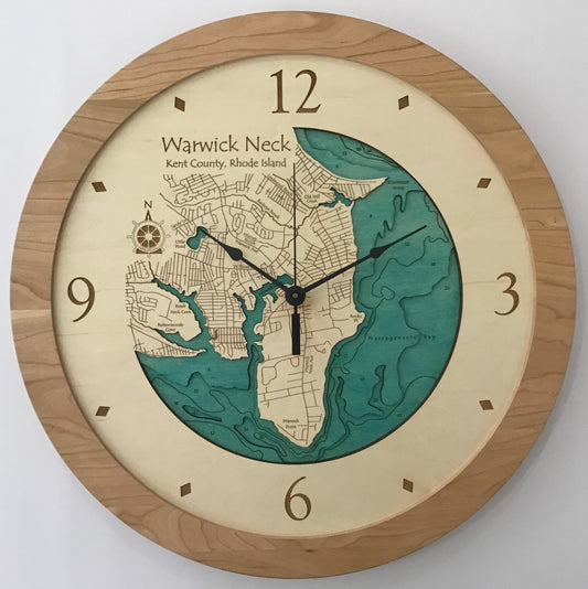The Lake Art Lake Clock - Warwick Neck - Narragansett Bay is a custom wooden Rhode Island clock featuring detailed Warwick Neck streets and blue water accents, set in a light wood frame. The clock hands display 1:53.