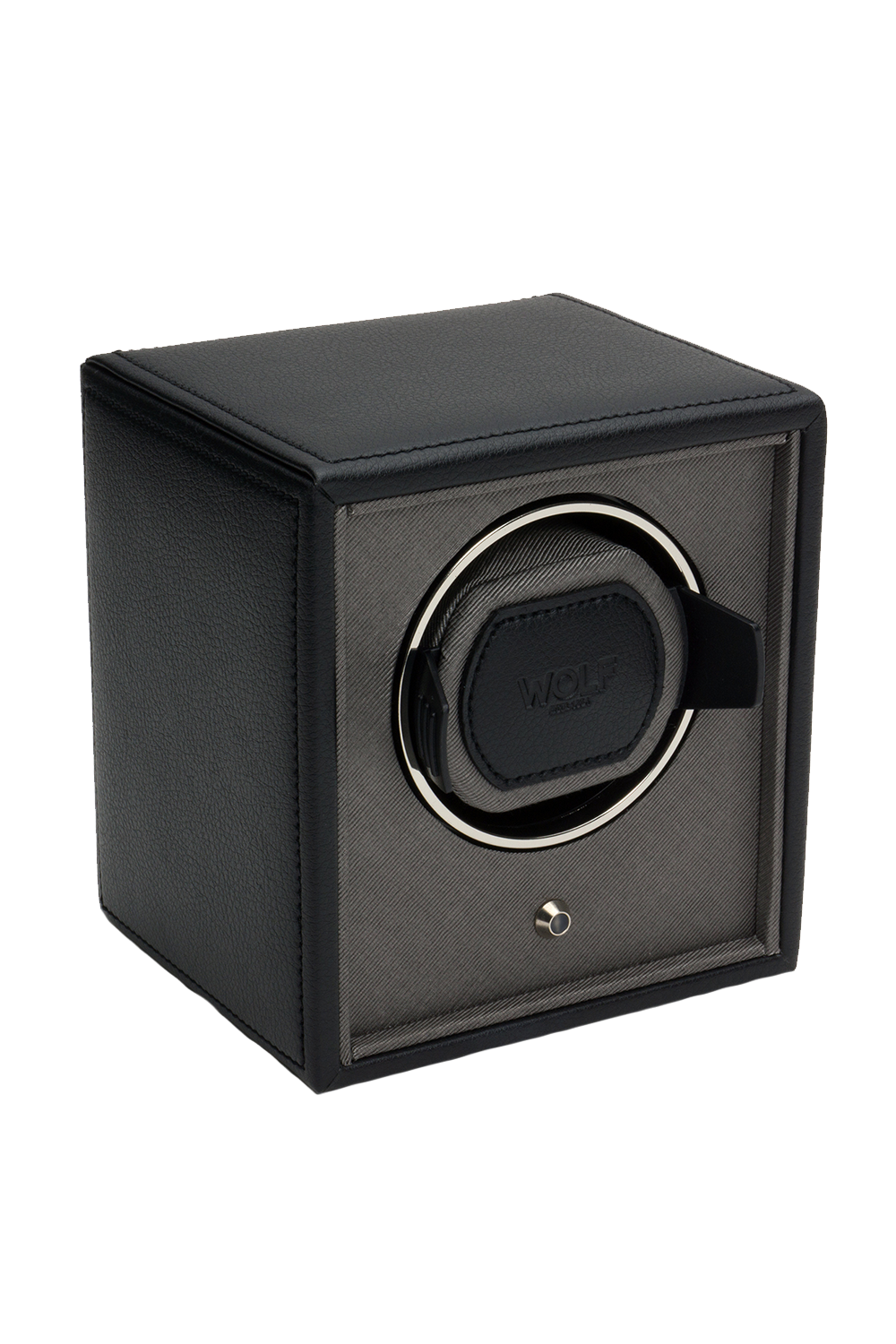 The Wolf Watch Winder (model 455203) by Wolf features a black pebble finish and a square black and gray design with a circular holder inside for automatic watches, pictured against a plain white background.