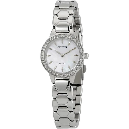 A silver-tone Citizen ladies quartz watch with a mother of pearl dial and a stainless steel bracelet.