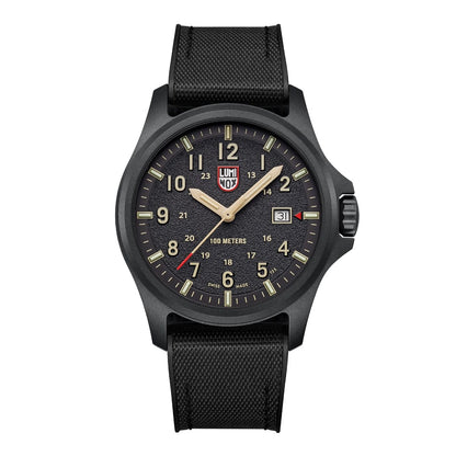 Black Luminox wristwatch with a detailed face on a white background