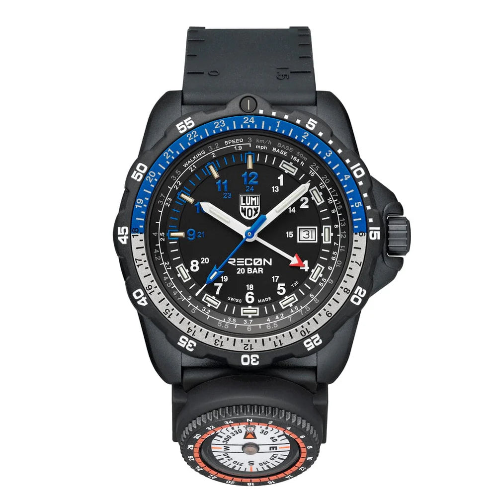 The Luminox RECON Nav Spec XL.8833 is a black watch with a round dial marked in blue, white, and black, date window, Swiss quartz GMT for multiple time zones, and a strap featuring an embedded compass below the watch face.