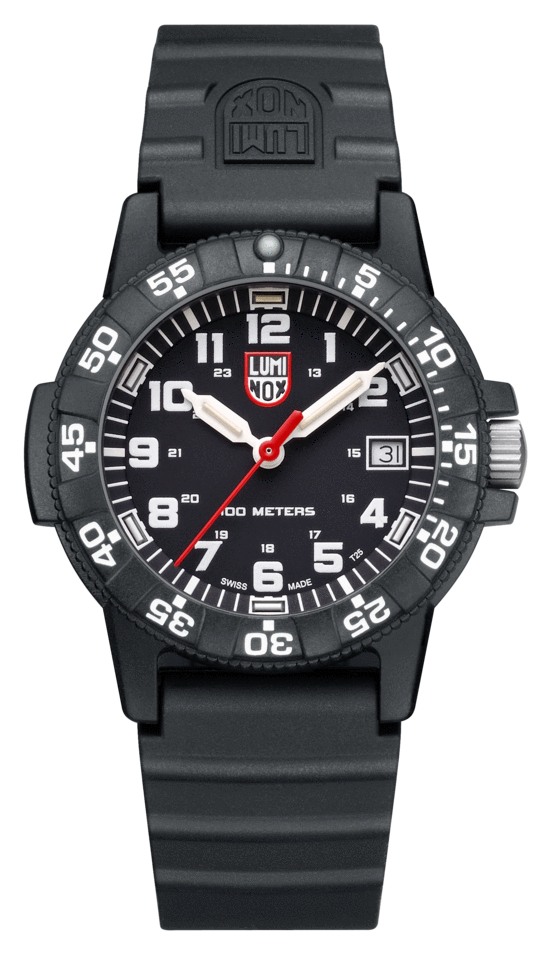 The Luminox Watch - Leatherback SEA Turtle - XS.0301.L features a Swiss-made round black face with white numerals, date at 3 oclock, black rubber strap, and water resistance up to 200 meters.