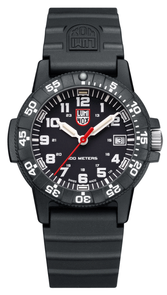 The Luminox Watch - Leatherback SEA Turtle - XS.0301.L features a Swiss-made round black face with white numerals, date at 3 oclock, black rubber strap, and water resistance up to 200 meters.