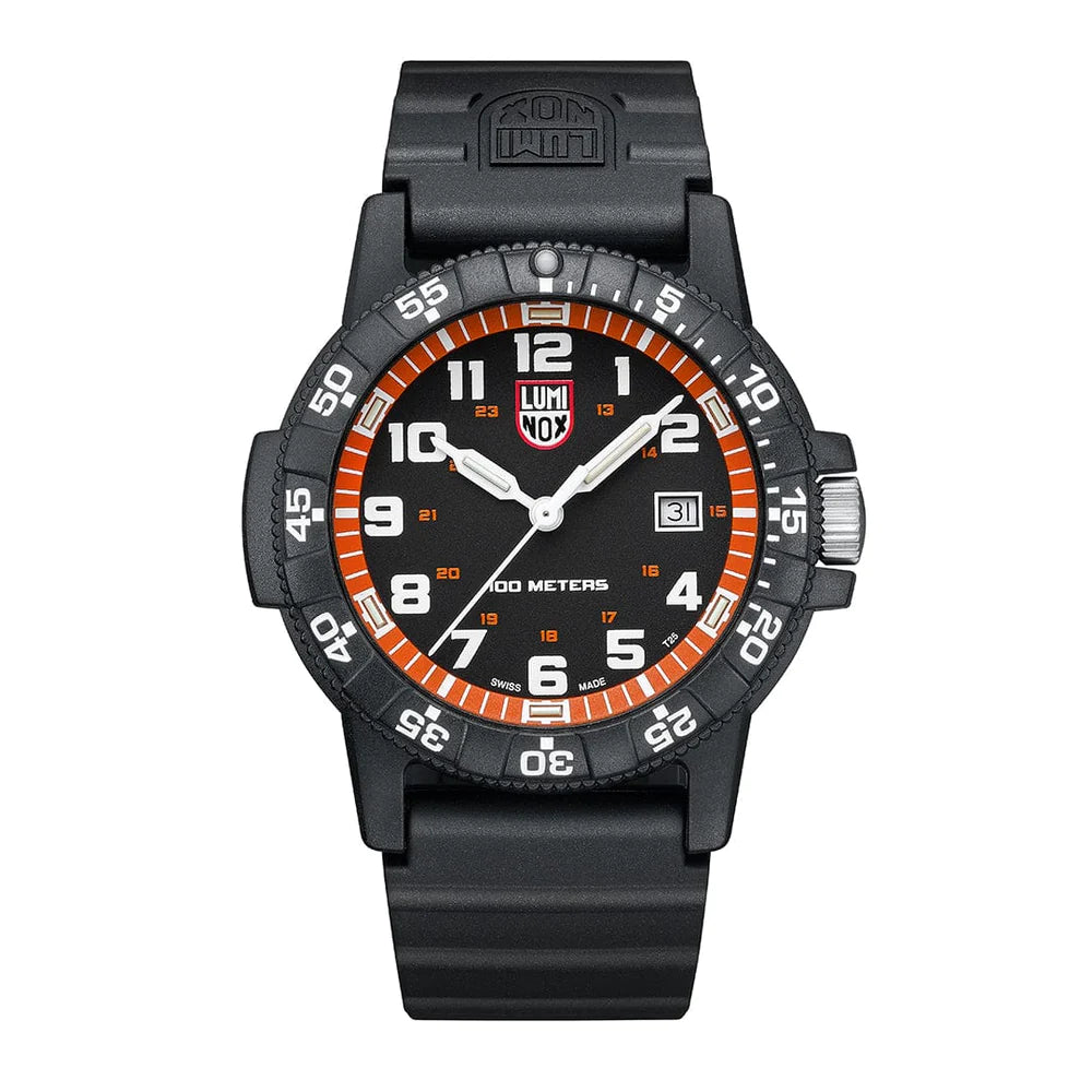 The Luminox Watch - Leatherback SEA Turtle Giant - XS.0329.1 features a black design with rubber strap, orange and white accents, white numerals, rotating bezel, date window at 3 o’clock, Swiss Made quality, and 100m water resistance.