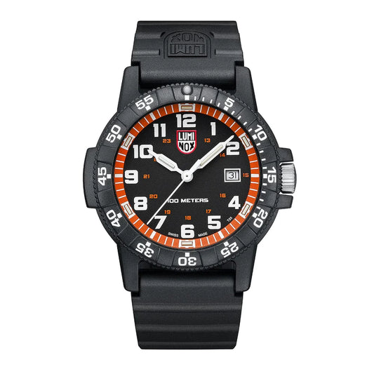 The Luminox Watch - Leatherback SEA Turtle Giant - XS.0329.1 features a black design with rubber strap, orange and white accents, white numerals, rotating bezel, date window at 3 o’clock, Swiss Made quality, and 100m water resistance.