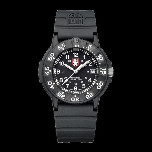 The Luminox XS.3001.F Original Navy SEAL Dive Watch features a sleek black design and band, reflecting the rugged durability that defines the Luminox brand.