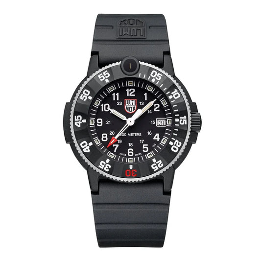 The Luminox Watch - Heritage - XS.3001.H by Luminox features a black round face, white Arabic numerals, red logo, black rotating bezel, black rubber strap, Swiss Quartz movement (showing 10:09), and is water resistant to 200 meters.