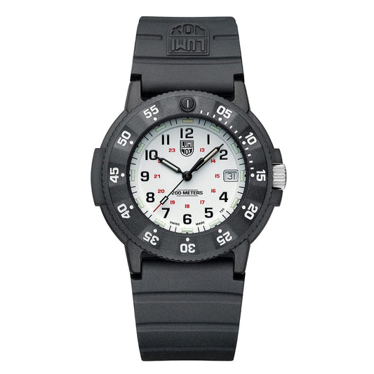 The Luminox Original Navy SEAL Evo Military Watch (XS.3007.EVO.S) features a black case, white dial with black numerals and red 24-hour markings, a bezel with white minute markers, a durable ridged strap, and the Luminox logo above the face.