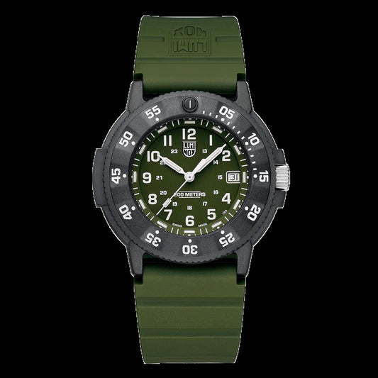 The Luminox Watch - Original Navy SEAL Evo Military Watch (XS.3013.EVO.S) features a green rubber strap, black bezel, green dial with white numerals and hands, date window at 3 o’clock, and 200m water resistance.