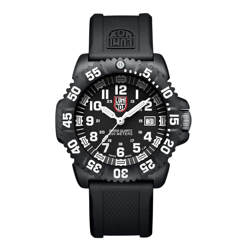 The Luminox Navy SEAL Colormark XS.3051.F is a black Swiss quartz watch with a large round face, bold white numerals and hands, a black rubber strap, self-powered illumination, and 200-meter water resistance.