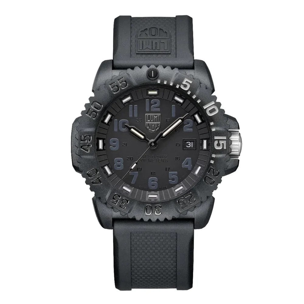 The Luminox XS.3051.GO.NSF Original Navy SEAL Foundation Military Watch features a black design, textured rubber strap, large numerals, rugged bezel, tactical details, and the Luminox logo at 12 o’clock.