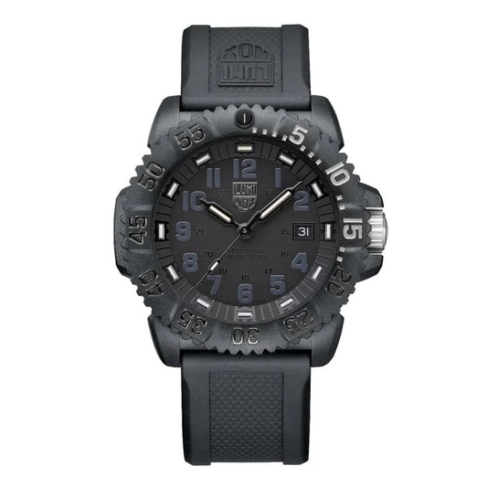 The Luminox XS.3051.GO.NSF Original Navy SEAL Foundation Military Watch features a black design, textured rubber strap, large numerals, rugged bezel, tactical details, and the Luminox logo at 12 o’clock.