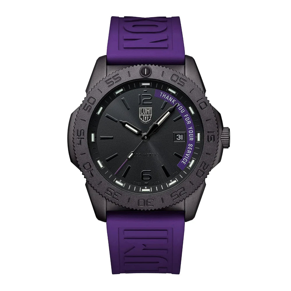 The Luminox XS.3121.BO.TY.SET Dive Watch features a black dial, grey details, and a purple silicone strap with THANK YOU FOR YOUR SERVICE in purple along the edge—a unique limited edition by Luminox.