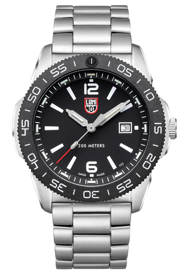 The Luminox Watch - Pacific Diver - XS.3122 is a Swiss Made silver diver’s watch with a black dial, white hour markers, date window at 3 o’clock, a 316L stainless steel band, and water resistance up to 200 meters.