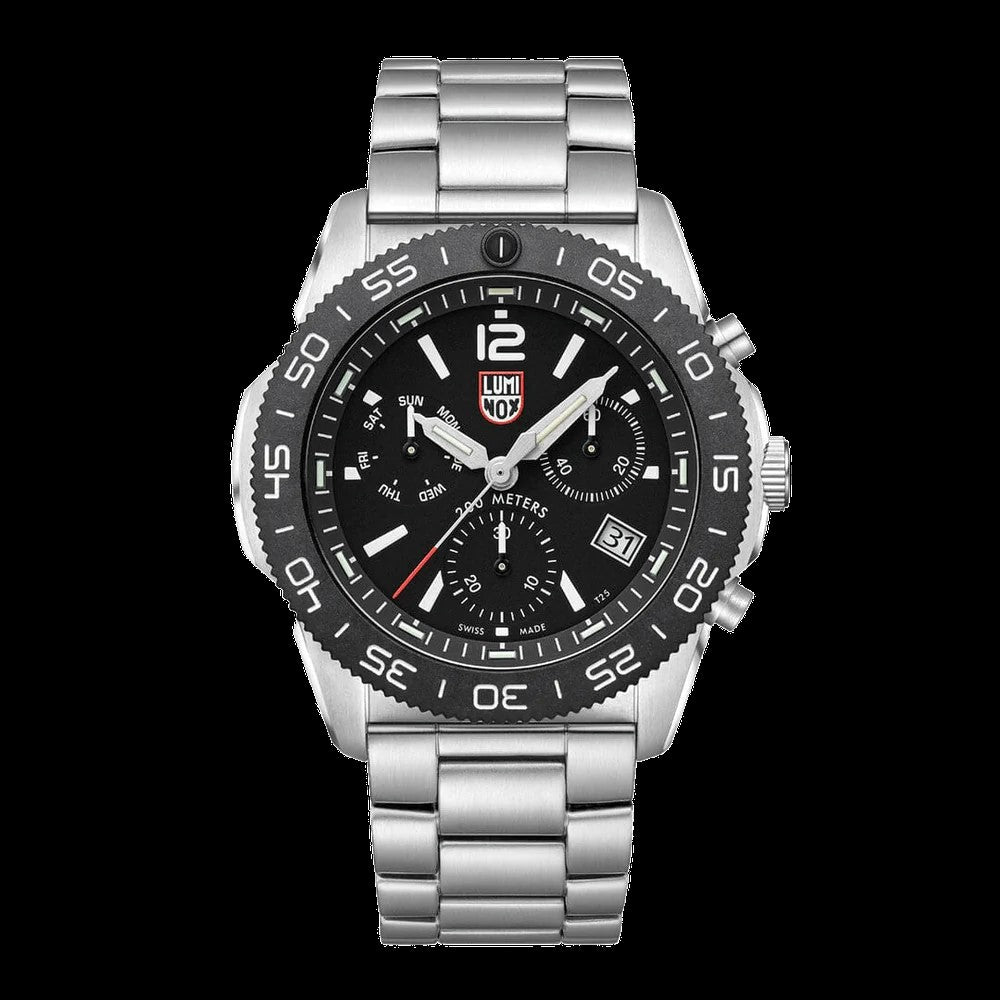 The Luminox Pacific Diver Chronograph XS.3142 is a silver metal wristwatch with a black bezel and dial, white hour markers, three subdials, date window, Luminox logo below 12 o’clock, and 200m water resistance.