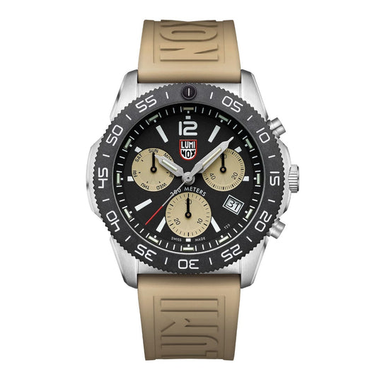 Luminox Wristwatch with beige strap and black dial on a white background.