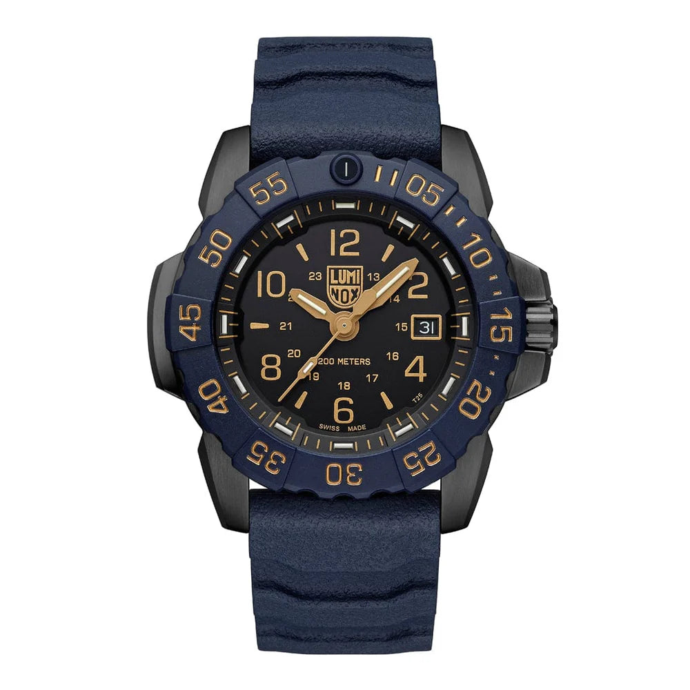 The Luminox Navy SEAL Foundation XS.3255.CB.NSF Watch features a black and gold case, blue textured strap, bold gold bezel numerals, dark face with 12/24-hour formats, Swiss Quartz movement, and date window at 3 o’clock.