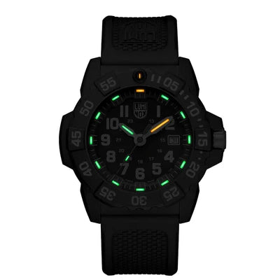 The Luminox Navy SEAL XS.3501.F watch features a black CARBONOX band, self-powered green and orange luminous markers and hands, a display for hours, minutes, seconds, plus a date window on the right.