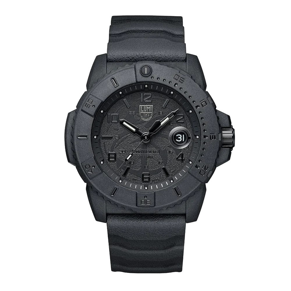 The Luminox Navy SEAL Foundation Military Watch (XS.3601.BO.NSF) features a textured black strap and case, raised hour markers, a magnified date window at 3 o’clock, Swiss Made quality, and a rugged monochrome tactical design.