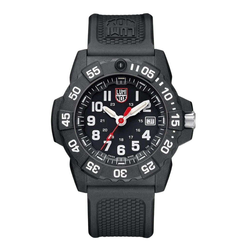 The Luminox Navy SEAL XS.3501.F watch features a rugged black CARBONOX case, bold white numerals, self-powered illumination, red-tipped second hand, date at 3 o'clock, and a textured black rubber strap.