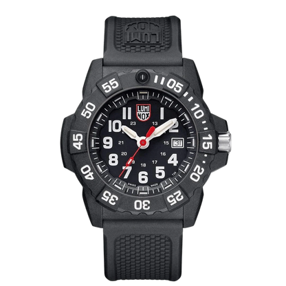 The Luminox Navy SEAL XS.3501.F watch features a rugged black CARBONOX case, bold white numerals, self-powered illumination, red-tipped second hand, date at 3 o'clock, and a textured black rubber strap.