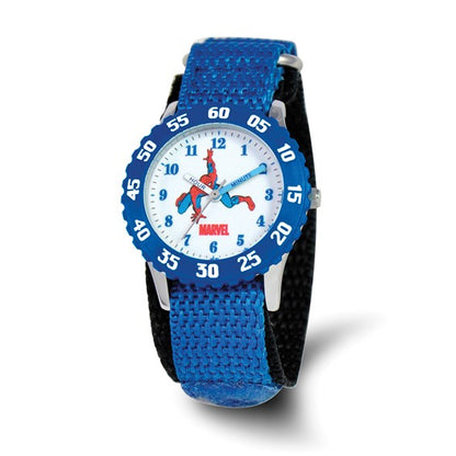 The Quality Gold Watch - Spiderman Kids Blue Velcro (XWA3637) features a blue strap and bezel, a Spider-Man illustration on the white dial, large easy-to-read numbers, and the Marvel logo below the center. Brand: Quality Gold.